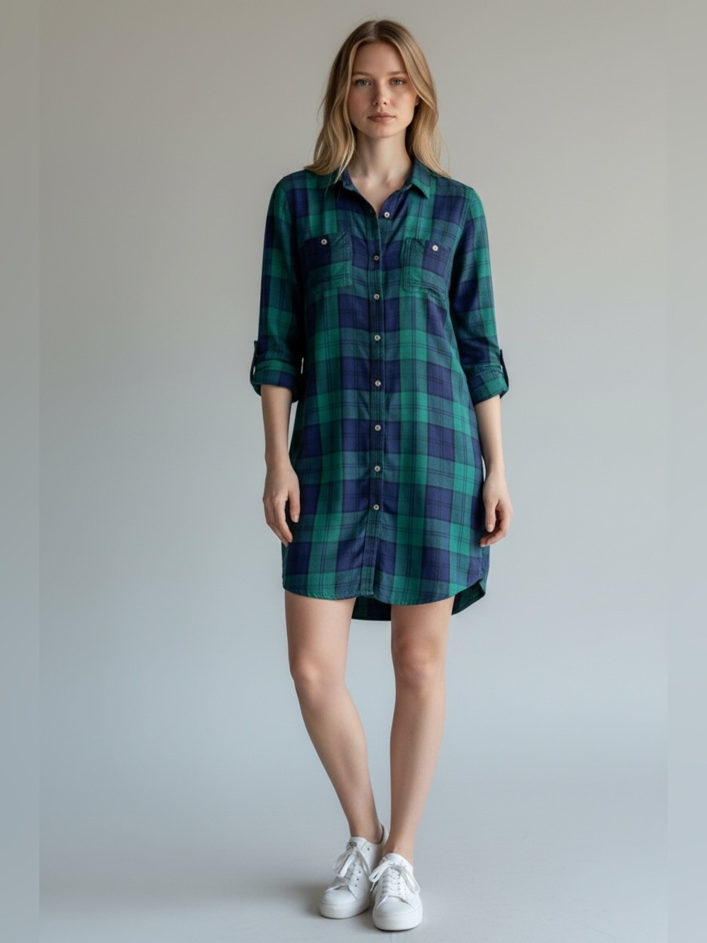 Old Navy Green & Navy Plaid Button-Up Shirt Dress